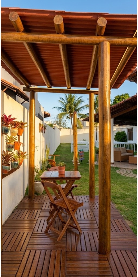 Pergolado de eucalipto em ambiente premium